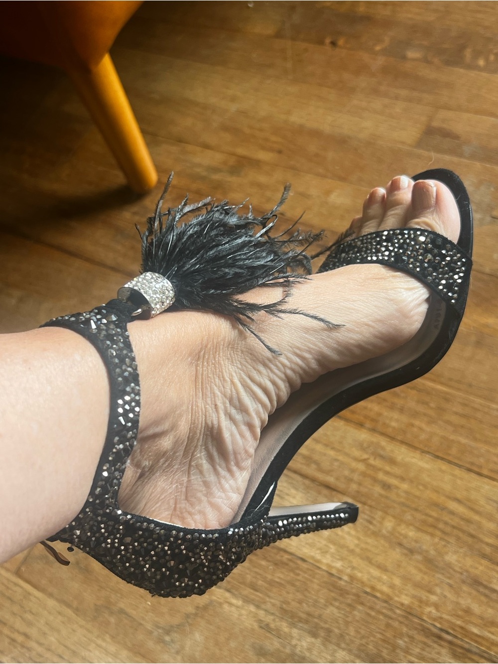 Source Unknown Black Crystal & Feather Ankle-Strap Heels